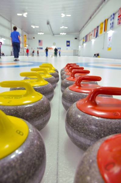Nutmeg Curling Club Curling stones lined up before a match